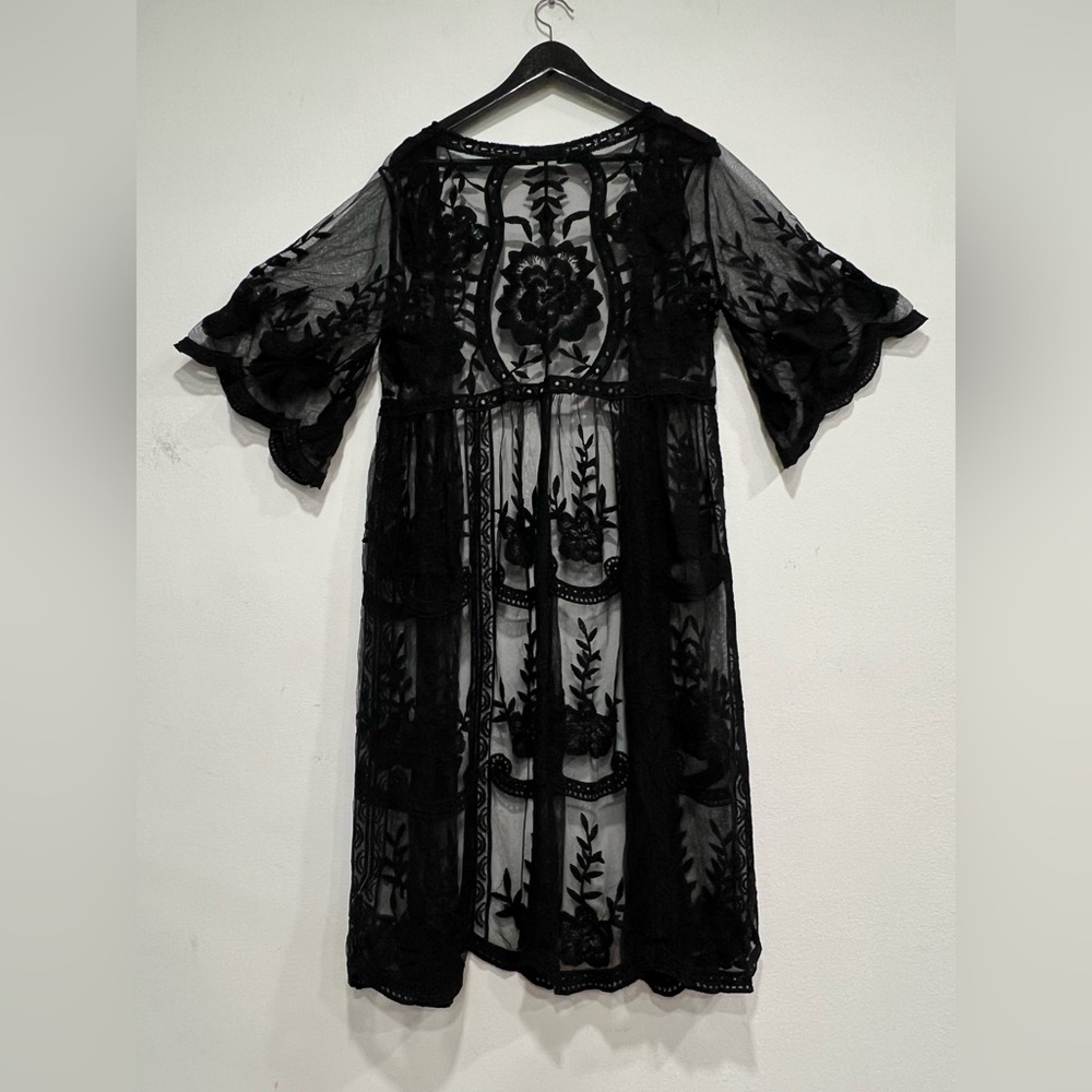 Rachel Zoe Floral Lace Embroidered Kimono Women's One Size Boho Black Sheer